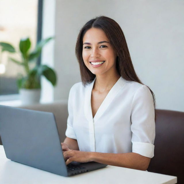 A young, beautiful woman with a bright, genuine smile using a sleek, modern laptop.