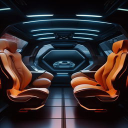 The seats inside the driver's cabin of a 4-door, state-of-the-art futuristic SUV, exuding comfort and modern luxury.