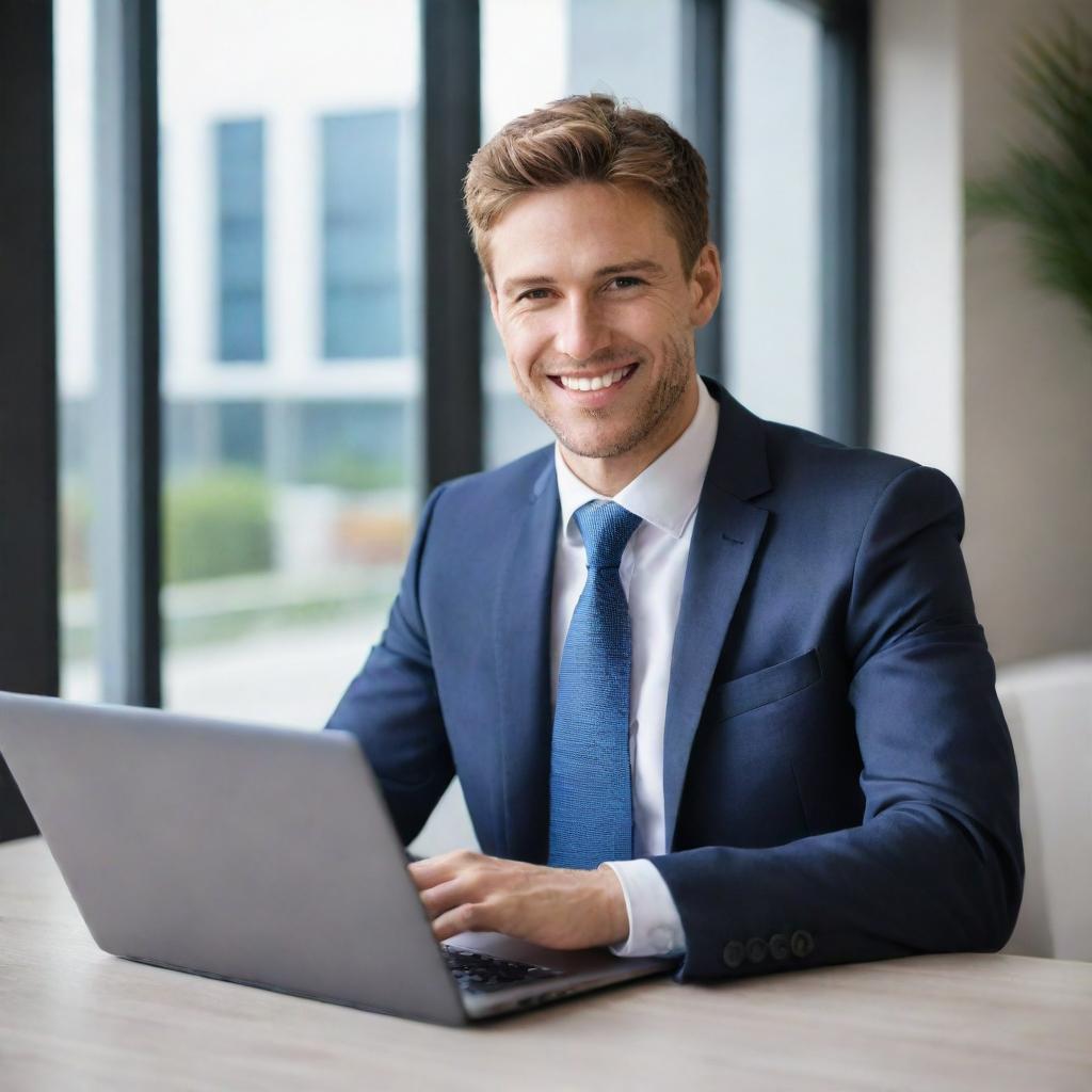 A young, handsome male executive with a radiant smile, professionally dressed, using a high-tech laptop.