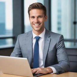 A young, handsome male executive with a radiant smile, professionally dressed, using a high-tech laptop.