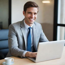 A young, handsome male executive with a radiant smile, professionally dressed, using a high-tech laptop.