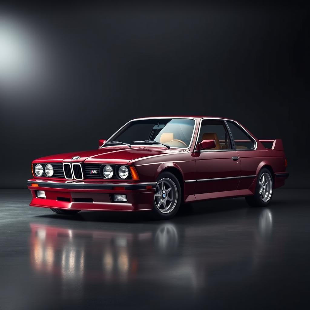 A stunning vintage BMW M4 from 1990, positioned prominently against a sleek black background