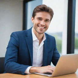 A young, handsome male executive with a radiant smile, professionally dressed, using a high-tech laptop.