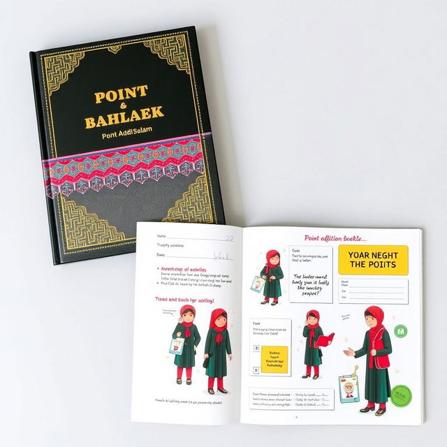 A beautifully designed point addition booklet tailored for students (santri) at the PPM Baitussalam Islamic boarding school, featuring modern pondok (boarding school) attire