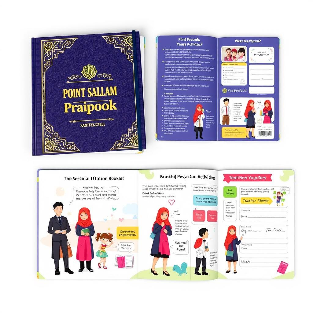 A beautifully designed point addition booklet tailored for students (santri) at the PPM Baitussalam Islamic boarding school, featuring modern pondok (boarding school) attire