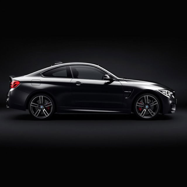 A side view of a sleek BMW M4, displayed prominently against a smooth black background