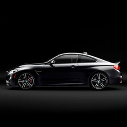 A side view of a sleek BMW M4, displayed prominently against a smooth black background