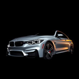 A dynamic view of a BMW M4 captured from the lower right corner, set against a deep black background