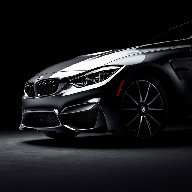 A dynamic view of a BMW M4 captured from the lower right corner, set against a deep black background