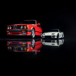 A vintage BMW M4 from 1990 captured from the lower right corner, set against a rich black background