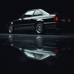 A vintage BMW M4 from 1990 captured from the lower right corner, set against a rich black background