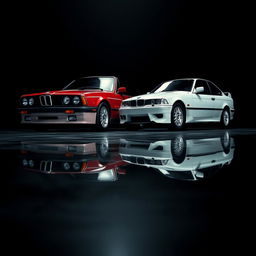 A vintage BMW M4 from 1990 captured from the lower right corner, set against a rich black background
