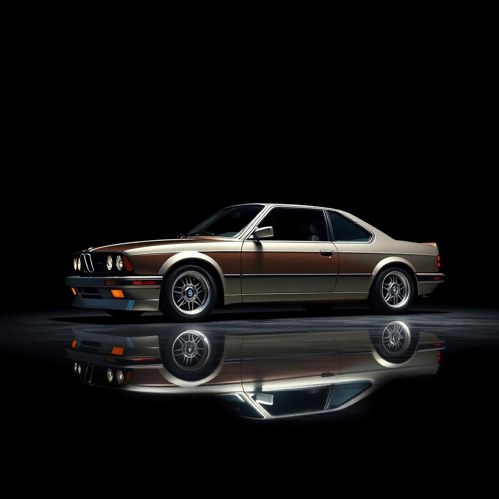 A vintage BMW M4 from 1990 captured from the lower right corner, set against a rich black background