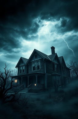 A haunted house set on a stormy night, with ominous clouds swirling above and flashes of lightning illuminating the dark, eerie landscape