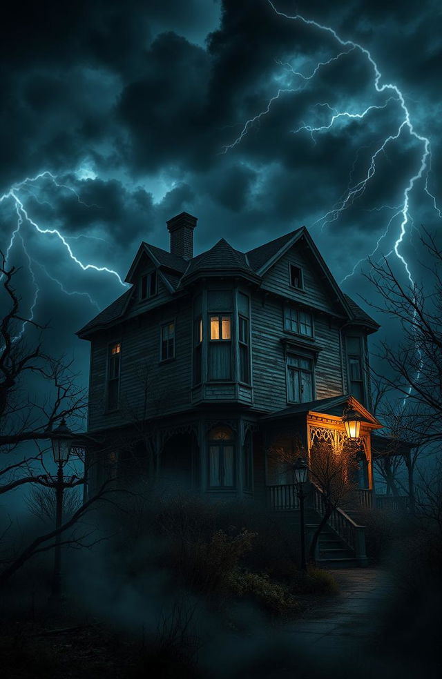 A haunted house set on a stormy night, with ominous clouds swirling above and flashes of lightning illuminating the dark, eerie landscape