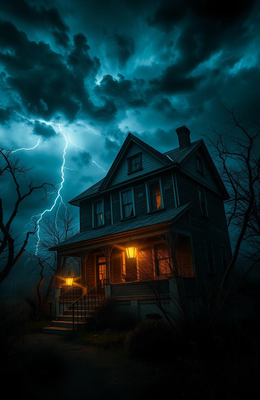 A haunted house set on a stormy night, with ominous clouds swirling above and flashes of lightning illuminating the dark, eerie landscape