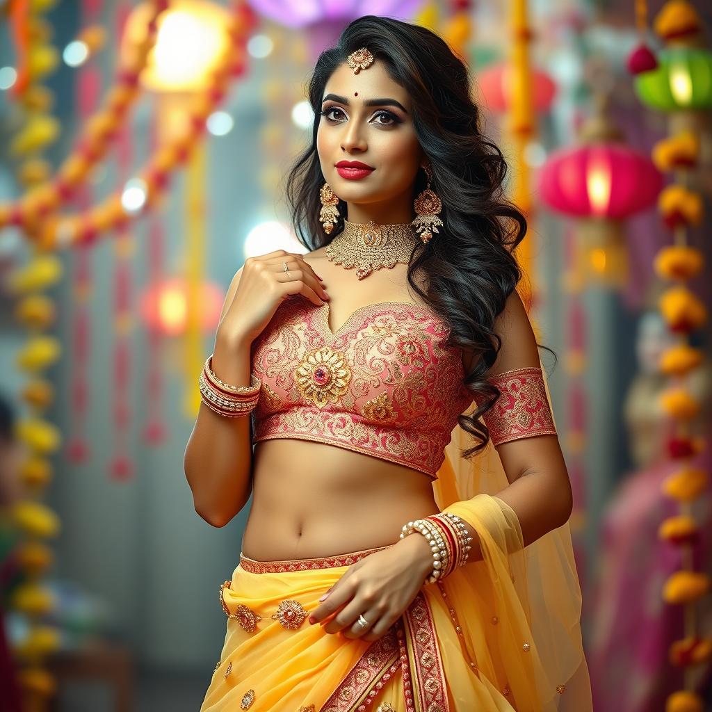 A glamorous woman dressed in traditional Navratri clothing, embodying the role of a sexy bhabhi