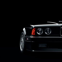 A vintage BMW M4 from 1990 captured from the lower right corner, placed against a sleek black background