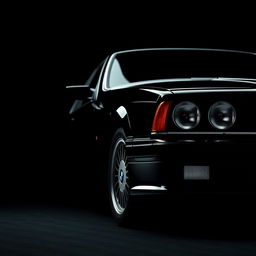 A vintage BMW M4 from 1990 captured from the lower right corner, placed against a sleek black background
