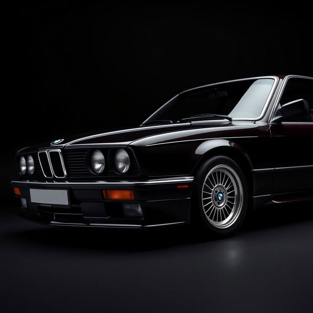 A vintage BMW M4 from 1990 captured from the lower right corner, placed against a sleek black background