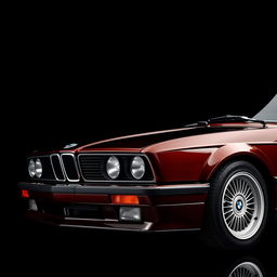 A vintage BMW M4 from 1990 captured from the lower right corner, placed against a sleek black background