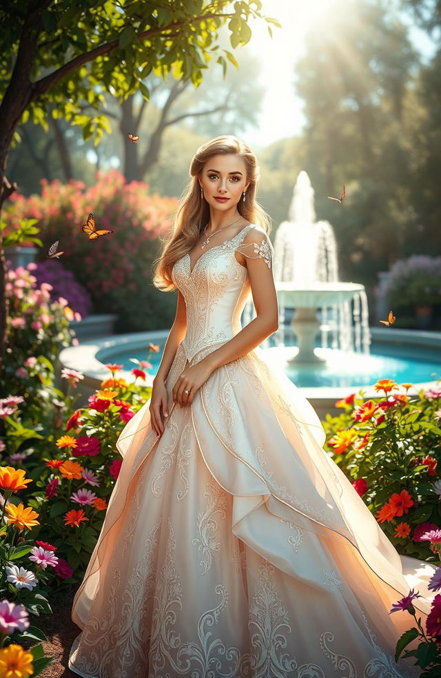 A stunning princess standing in a lush, enchanted garden