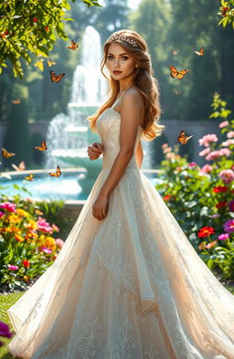 A stunning princess standing in a lush, enchanted garden