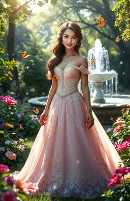A stunning princess standing in a lush, enchanted garden