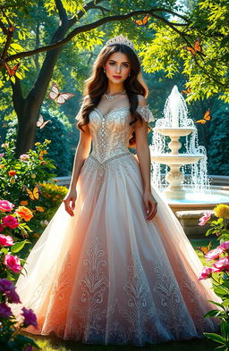 A stunning princess standing in a lush, enchanted garden