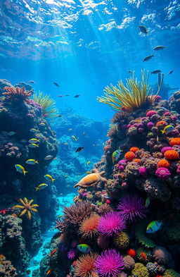 A vibrant underwater world filled with colorful coral reefs, schools of tropical fish, and underwater plants swaying gently with the currents
