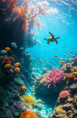 A vibrant underwater world filled with colorful coral reefs, schools of tropical fish, and underwater plants swaying gently with the currents