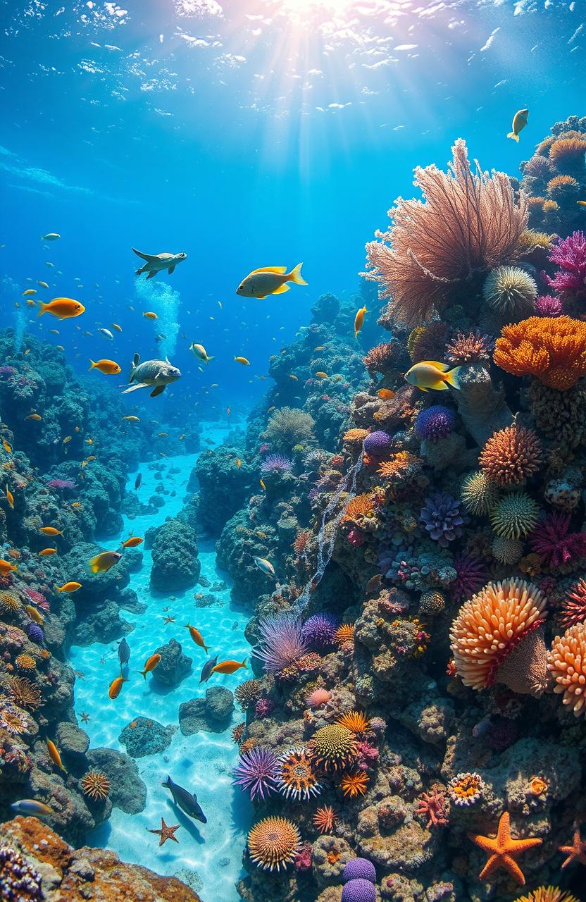 A vibrant underwater world filled with colorful coral reefs, schools of tropical fish, and underwater plants swaying gently with the currents