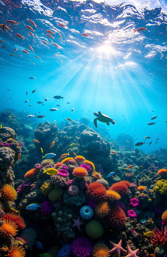 A vibrant underwater world filled with colorful coral reefs, schools of tropical fish, and underwater plants swaying gently with the currents