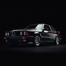 A vintage BMW M4 from 1990 captured from the lower right corner, placed against a sleek black background