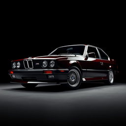 A vintage BMW M4 from 1990 captured from the lower right corner, placed against a sleek black background