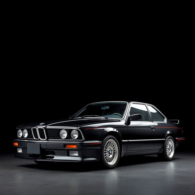 A vintage BMW M4 from 1990 captured from the lower right corner, placed against a sleek black background