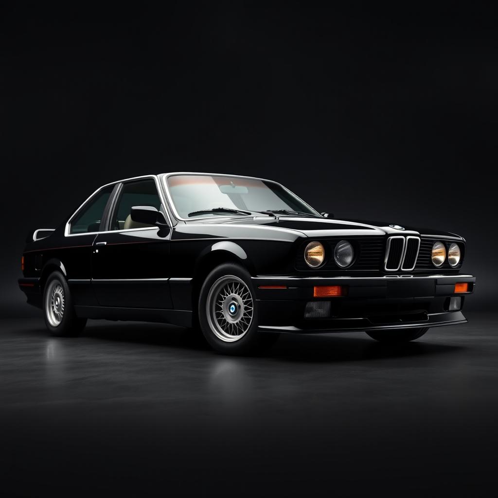 A vintage BMW M4 from 1990 captured from the lower right corner, placed against a sleek black background