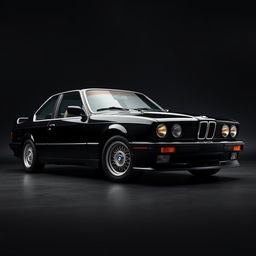 A vintage BMW M4 from 1990 captured from the lower right corner, placed against a sleek black background