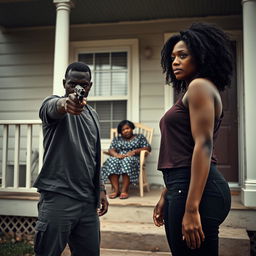 A gripping scene featuring a black man pointing a gun at the ground, showcasing a moment of tension