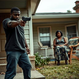 A gripping scene featuring a black man pointing a gun at the ground, showcasing a moment of tension
