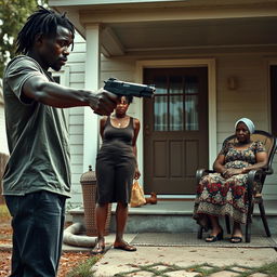 A gripping scene featuring a black man pointing a gun at the ground, showcasing a moment of tension