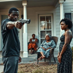 A gripping scene featuring a black man pointing a gun at the ground, showcasing a moment of tension