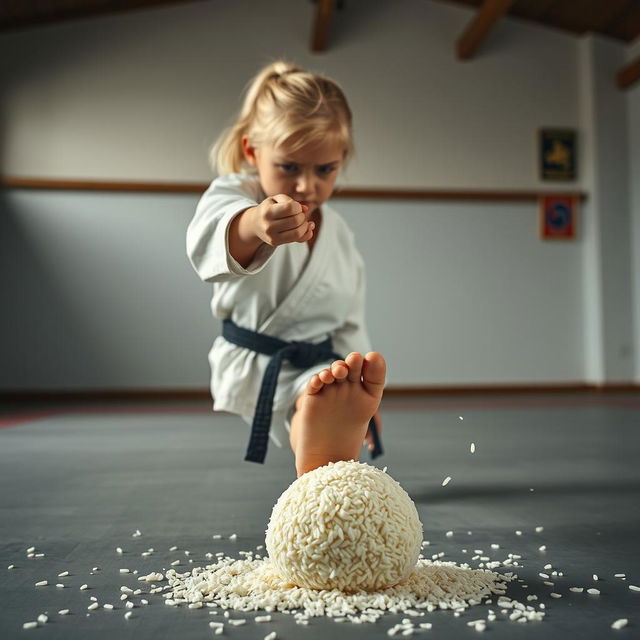 A petite blonde female martial artist stands in a training area, displaying visible frustration with her furrowed brow and tense posture