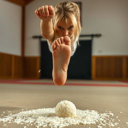 A petite blonde female martial artist stands in a training area, displaying visible frustration with her furrowed brow and tense posture