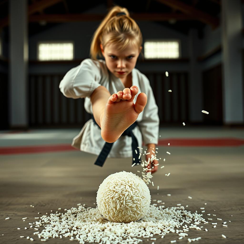 A petite blonde female martial artist stands in a training area, displaying visible frustration with her furrowed brow and tense posture