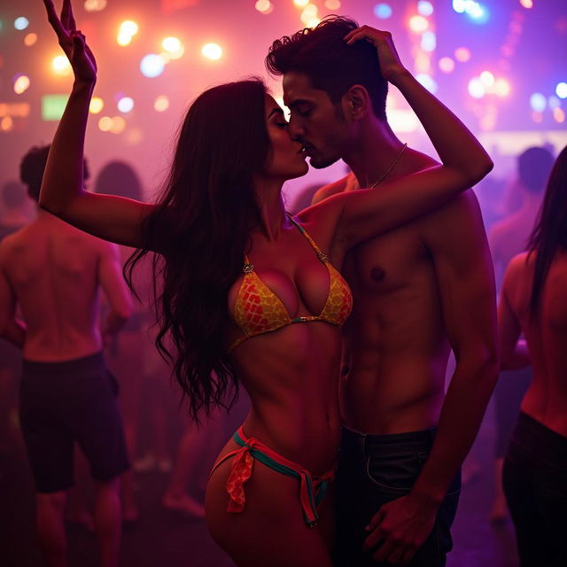 Nushrath Bharucha, a stunning woman with long dark hair, wearing a vibrant bikini as she dances sensually in a lively nightclub