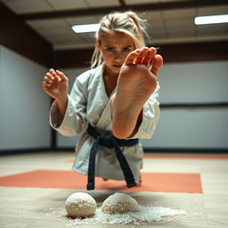 A petite blonde female martial artist in a training gi stands in a training area, visibly frustrated with her furrowed brow and tense posture