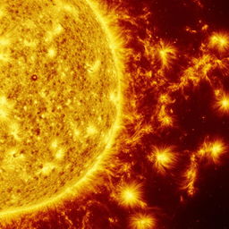 A stunning and detailed close-up view of the Sun, showcasing its fiery surface, solar flares, and intense emanating energy.