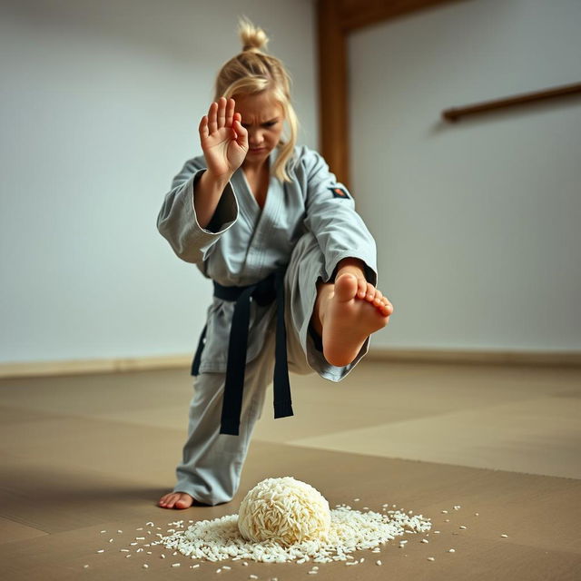 A petite blonde female martial artist in a training gi stands in a training area, visibly frustrated with her furrowed brow and tense posture