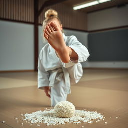 A petite blonde female martial artist in a training gi stands in a training area, visibly frustrated with her furrowed brow and tense posture